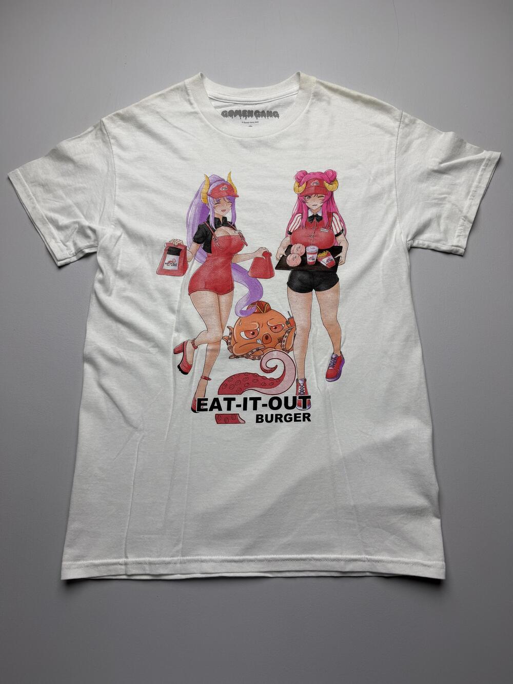 Gomen Gang Shirt Mens Small White Eat-It-Out Burger Anime Graphic Tee Tagless